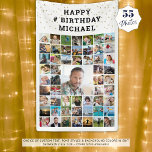 Birthday 55 Photo Collage Gold Confetti Banner<br><div class="desc">Celebrate any age birthday with a personalised photo memories banner sign in your choice of colours and font styles utilising this easy-to-upload photo collage template with 55 square pictures of him or her through the years accented with gold confetti. The sample shows HAPPY # BIRTHDAY NAME in black text on...</div>