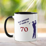 Birthday 70 Golfer Mug<br><div class="desc">This cute birthday mug shows a navy blue silhouette golfer taking a full swing. The blue and red text next to the image says "Still DRIVING IT HARD at 70". Sure to be an office conversation starter for any man who loves to golf! The image is printed on both sides,...</div>