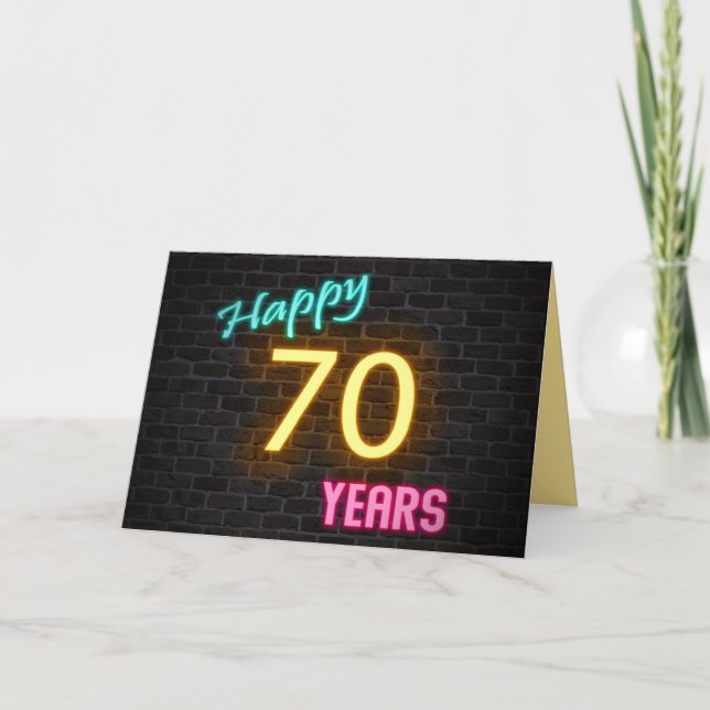 Birthday 70 neon sign on brick card (Front)