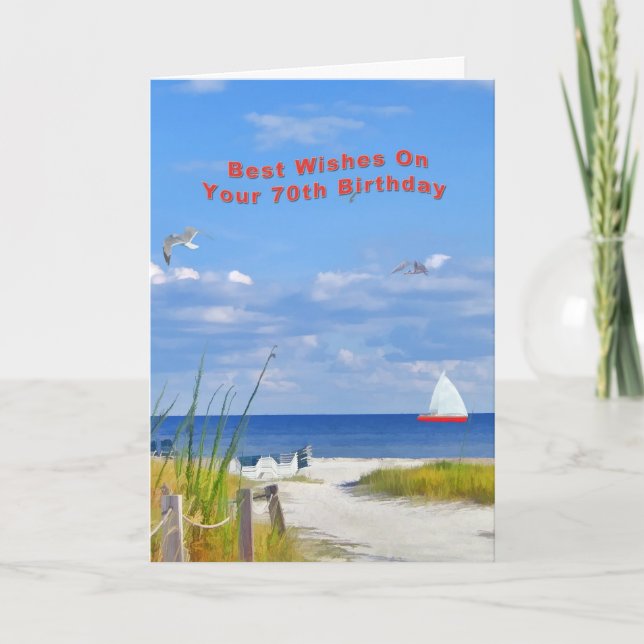Birthday, 70th, Beach and Ocean View Card (Front)