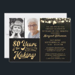 Birthday 80 YEARS IN THE MAKING 2 Photos Black Invitation<br><div class="desc">Celebrate an 80th (or any age) birthday for him or her with these black and gold photo party invitations featuring an editable retro calligraphy script typography design saying # YEARS IN THE MAKING which incorporates their age and birth year within the design, accented with soft golden glowing string lights and...</div>