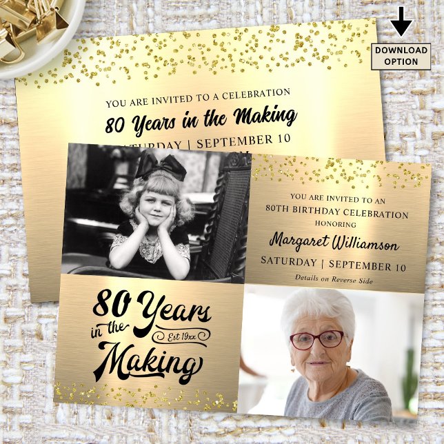 Birthday 80 Years in the Making Metallic Gold Phot Invitation (Creator Uploaded)