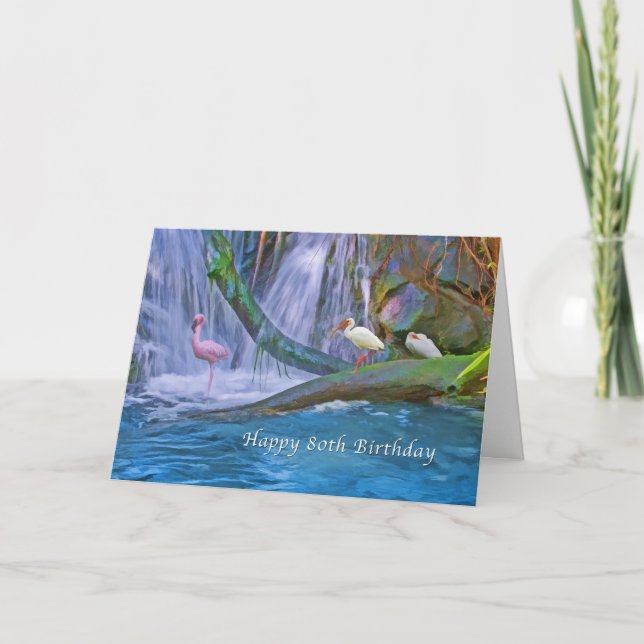 Birthday, 80th, Tropical Waterfall, Wild Birds Card (Front)