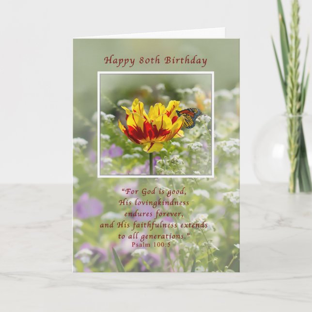 Birthday, 80th, Tulip and Butterfly, Religious Card (Front)
