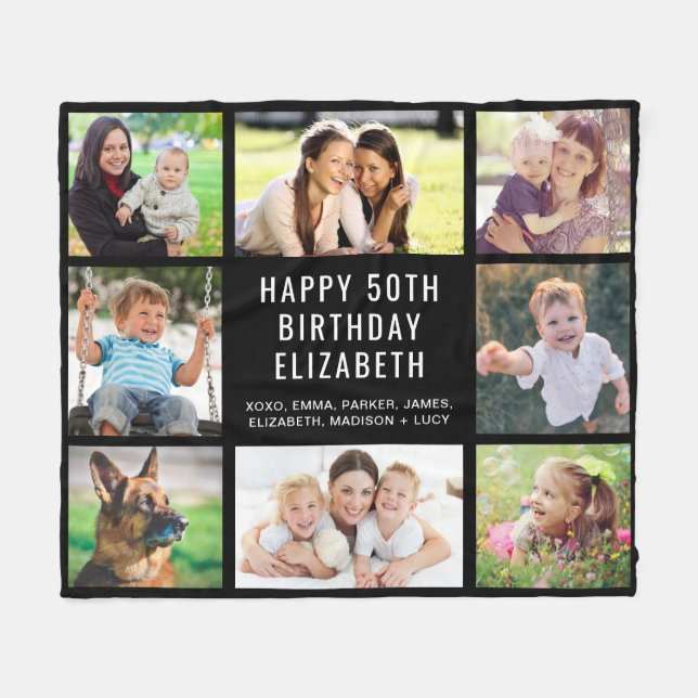 Birthday 8 Photo Personalised Black Fleece Blanket (Front (Horizontal))
