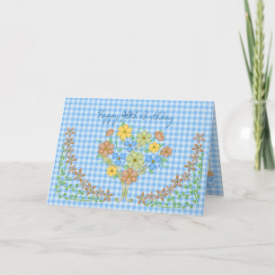 BIRTHDAY - 90th - BLUE GINGHAM/FLOWERS Card