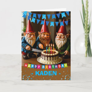 Birthday Add a Name Gnomes Cutting Cake Card