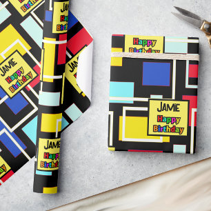 Birthday Add Name Retro Mid Century Custom Wrapping Paper