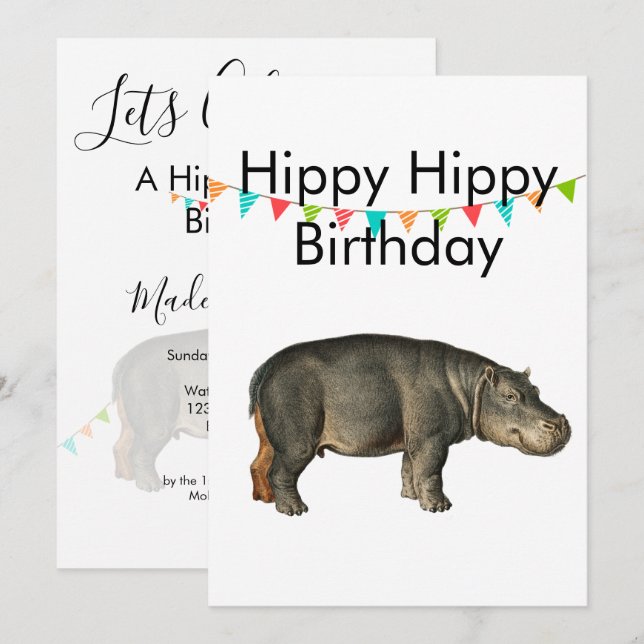 Birthday Adult Funny Hippopotamus Colour Bunting Invitation (Front/Back)