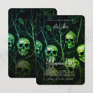 Birthday Adult Halloween Party Haunted Green Skull Invitation