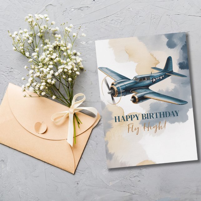 Birthday Aeroplane Blue and Gold Watercolor Elegan Invitation (Creator Uploaded)