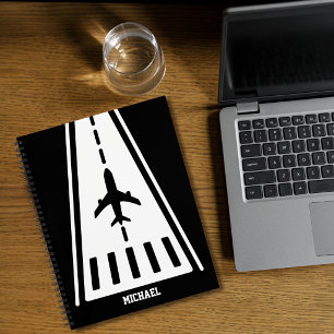 Birthday Aeroplane Landing Runway Black and White Notebook
