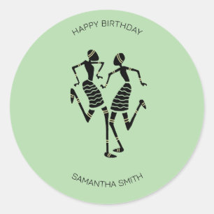Birthday, African Art Silhouette Happy Dancers Classic Round Sticker