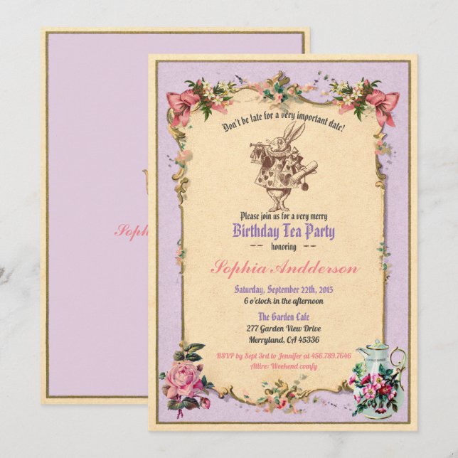 Birthday afternoon tea party invitation purple (Front/Back)