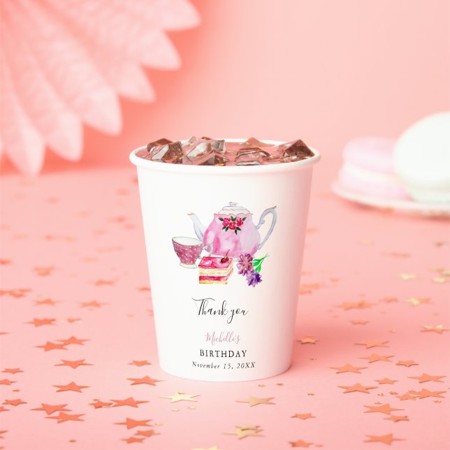 Birthday Afternoon Tea Party Script Elegant Pink Paper Cups (Insitu)