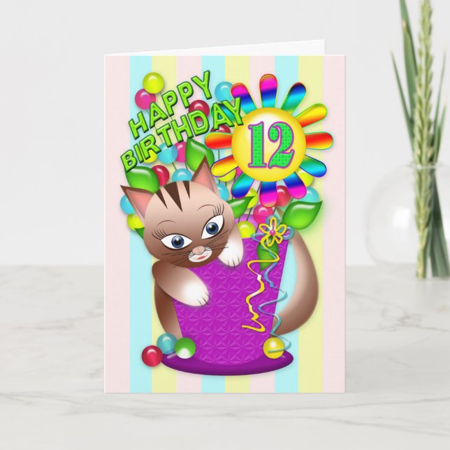 Birthday - Age 12 - Kitty Cat Celebrating Card (Front)