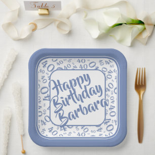 Birthday Age 40 Random Number Pattern Blue/White Paper Plate