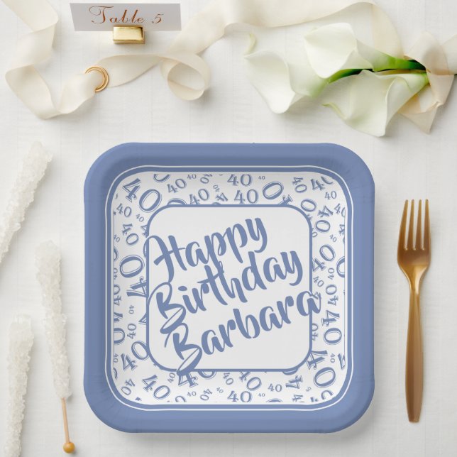 Birthday Age 40 Random Number Pattern Blue/White Paper Plate (Wedding)