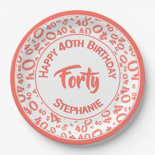 Birthday Age 40 Random Number Pattern Coral/White Paper Plate