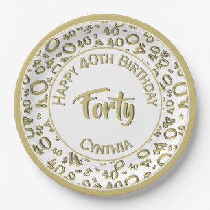Birthday Age 40 Random Number Pattern Gold/White Paper Plate