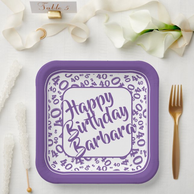 Birthday Age 40 Random Number Pattern Purple/White Paper Plate (Wedding)