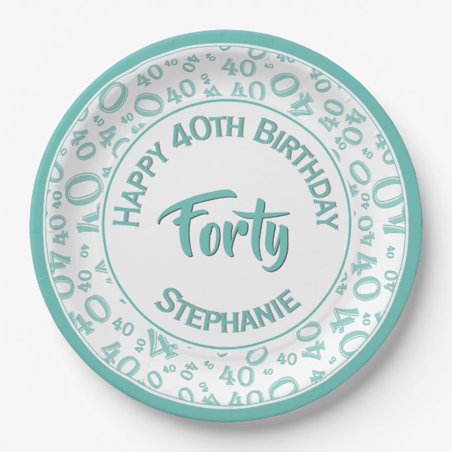 Birthday Age 40 Random Number Pattern Teal/White Paper Plate (Front)