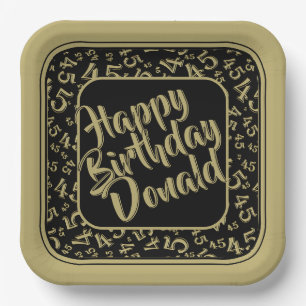 Birthday Age 45 Random Number Pattern Black/Gold Paper Plate