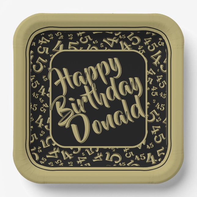Birthday Age 45 Random Number Pattern Black/Gold Paper Plate (Front)