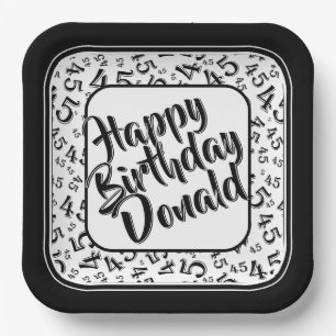 Birthday Age 45 Random Number Pattern Black/White Paper Plate