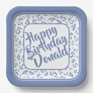 Birthday Age 45 Random Number Pattern Blue/White Paper Plate