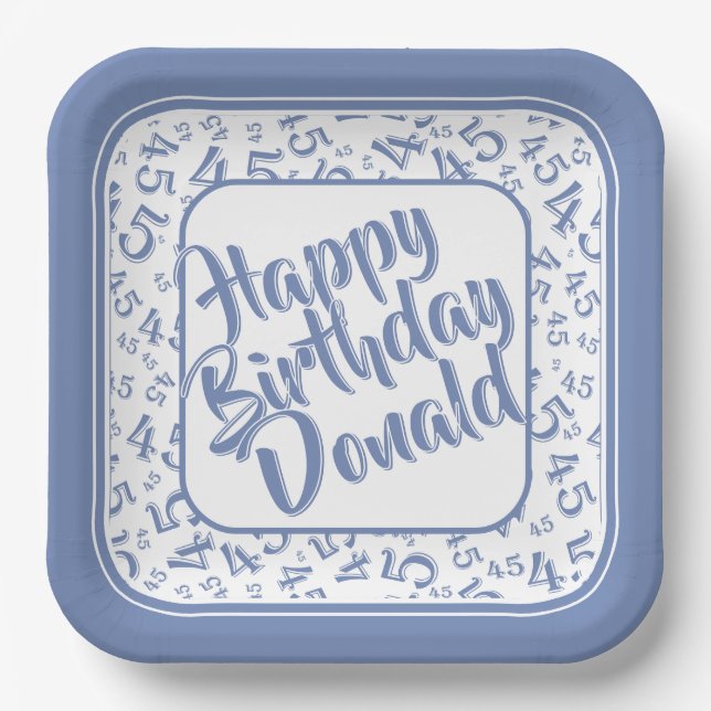 Birthday Age 45 Random Number Pattern Blue/White Paper Plate (Front)