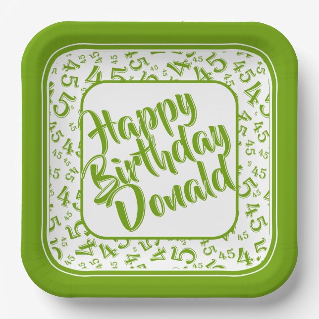 Birthday Age 45 Random Number Pattern Green/White Paper Plate (Front)