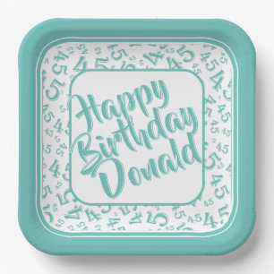 Birthday Age 45 Random Number Pattern Teal/White Paper Plate