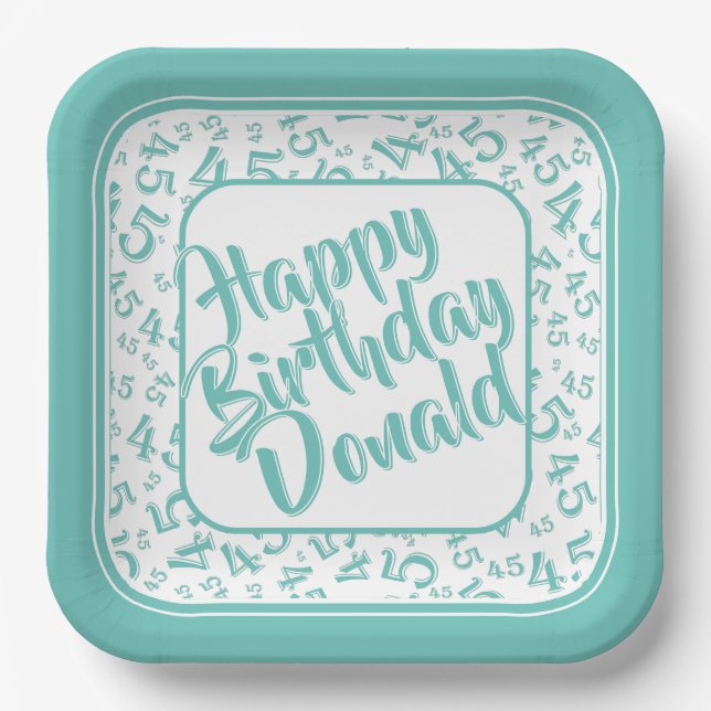Birthday Age 45 Random Number Pattern Teal/White Paper Plate (Front)
