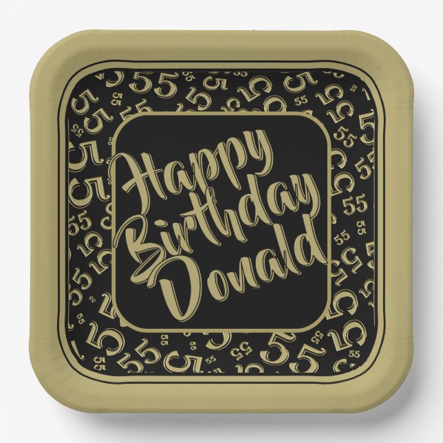 Birthday Age 55 Random Number Pattern Black/Gold Paper Plate (Front)