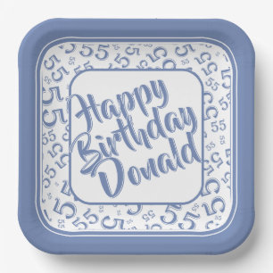 Birthday Age 55 Random Number Pattern Blue/White Paper Plate