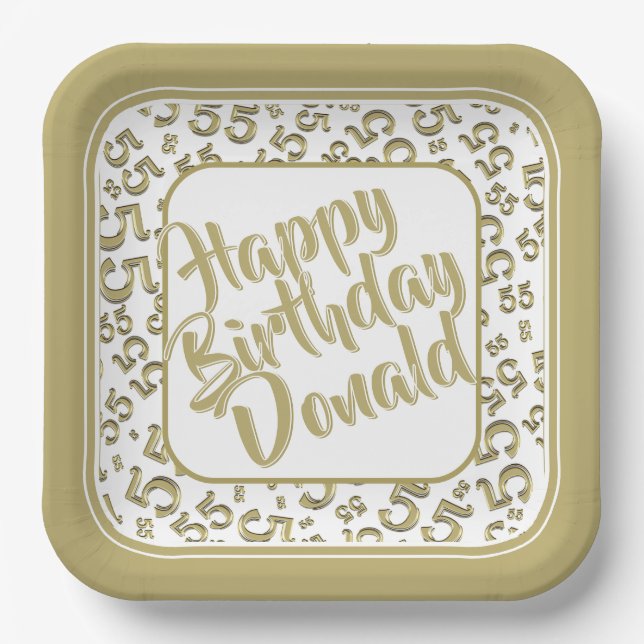 Birthday Age 55 Random Number Pattern Gold/White Paper Plate (Front)