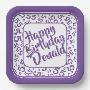 Birthday Age 55 Random Number Pattern Purple/White Paper Plate