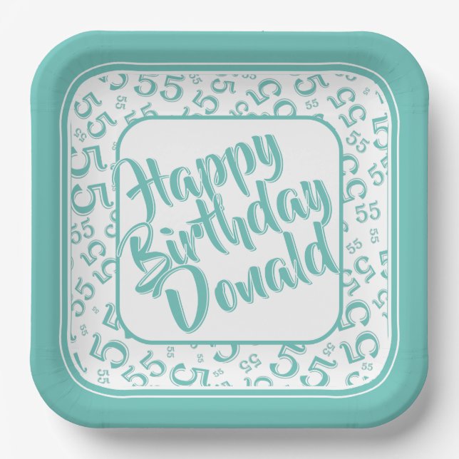 Birthday Age 55 Random Number Pattern Teal/White Paper Plate (Front)
