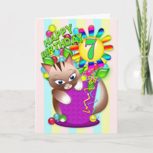 Birthday - Age 7 - Kitty Cat Celebrating Card