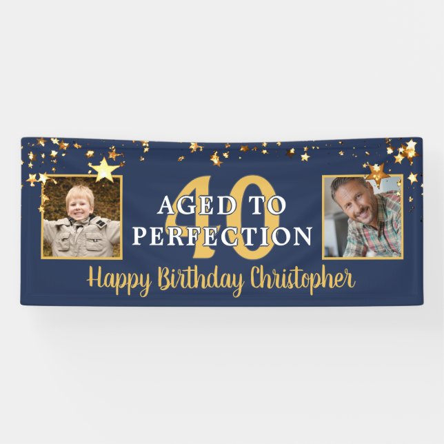 Birthday AGED TO PERFECTION Blue Gold Stars Banner (Horizontal)