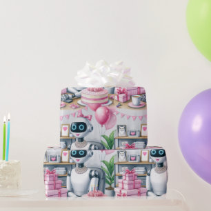 Birthday Ai Robot Pink Sparkle Balloons Wrapping Paper
