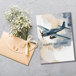 Birthday Airplane Blue and Gold Watercolor Elegant Invitation