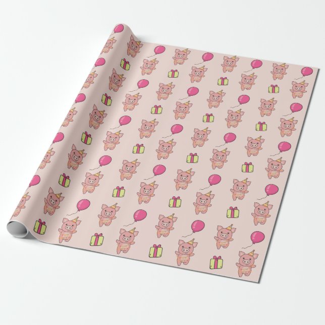 Birthday Animal Cute Pig Kids Birthday Party Wrapping Paper (Unrolled)