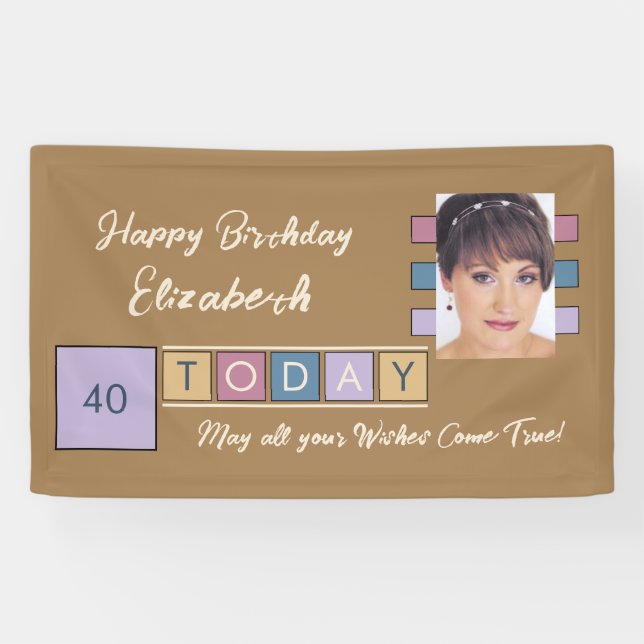 Birthday any age add photo name brown party banner (Horizontal)
