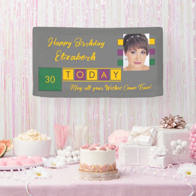 Birthday any age add photo name green grey party banner (Party)