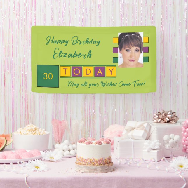 Birthday any age add photo name green party banner (Party)