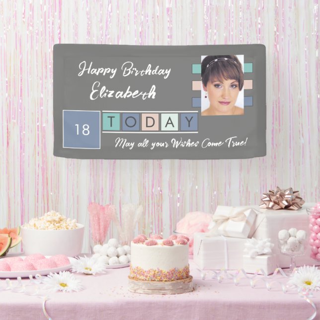 Birthday any age add photo name grey pink banner (Party)