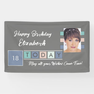Birthday any age add photo name grey pink banner