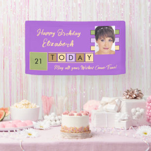 Birthday any age add photo name purple party banner